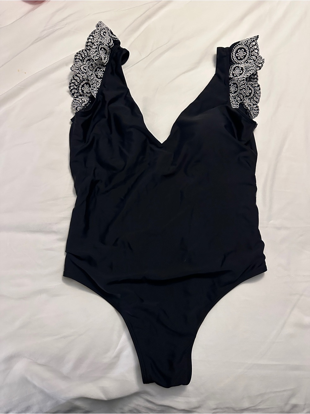 summersalt Black One-Piece Swimsuit with White Lace Ruffle Straps